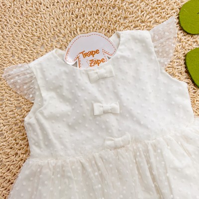 Vestido Manga Curta em Tule Poá com Lacinhos - Off White